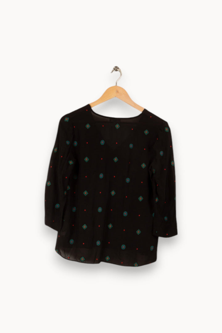 Blouse noire avec motifs orange, bleu et vert - Taille S/36