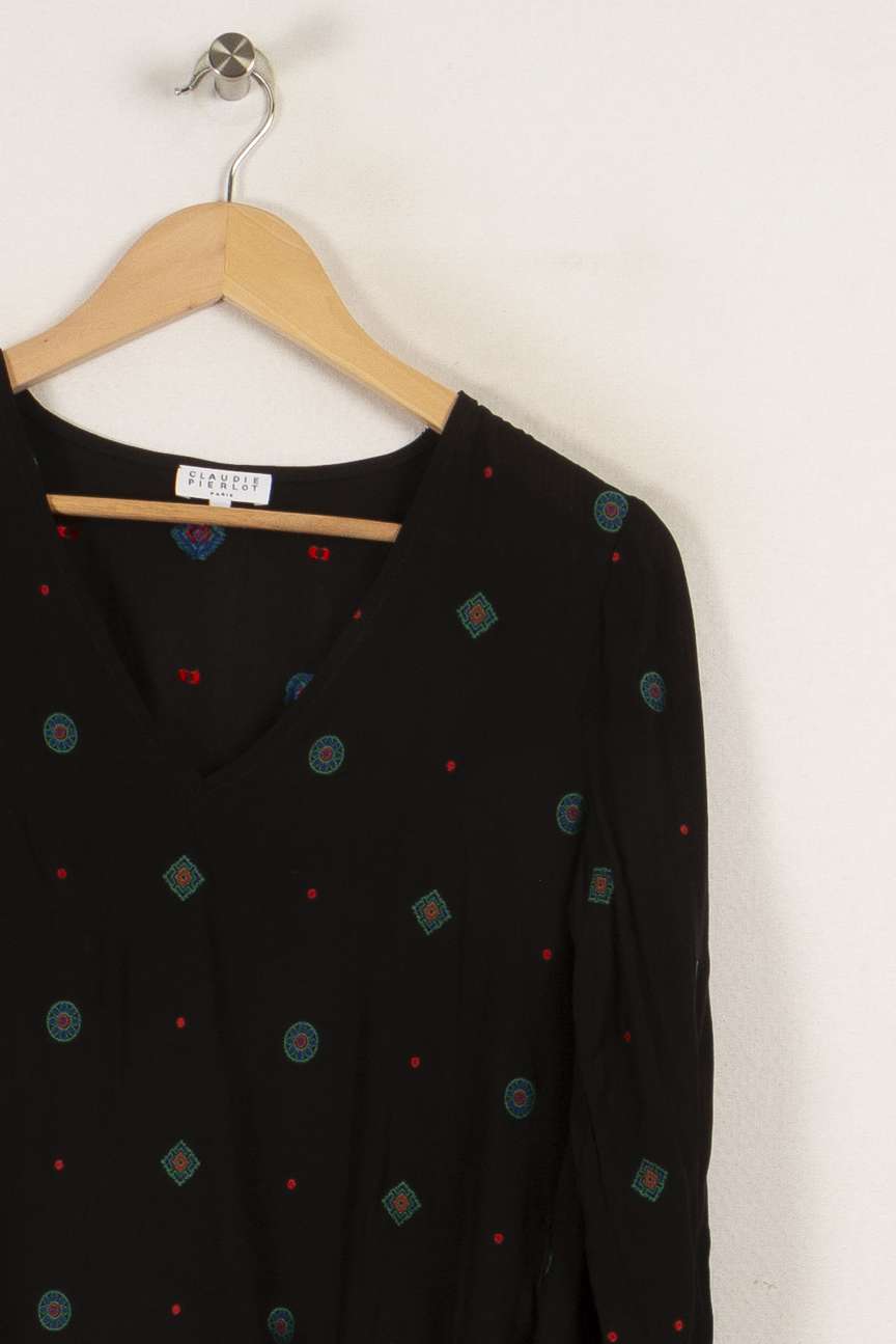 Blouse noire avec motifs orange, bleu et vert - Taille S/36