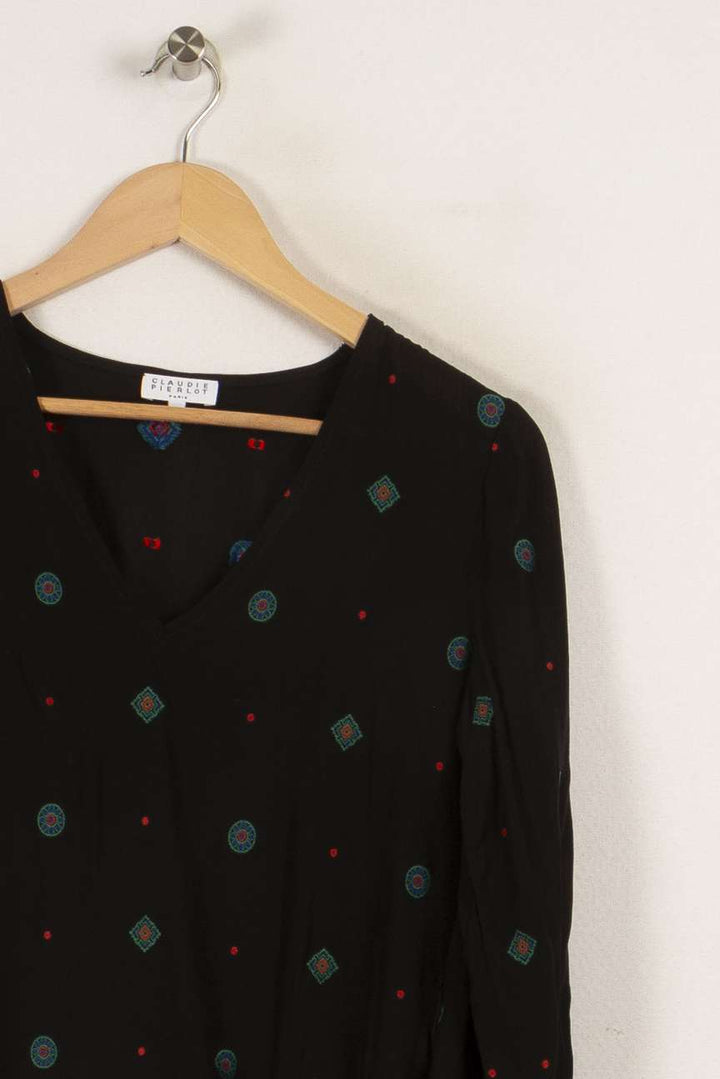 Blouse noire avec motifs orange, bleu et vert - Taille S/36