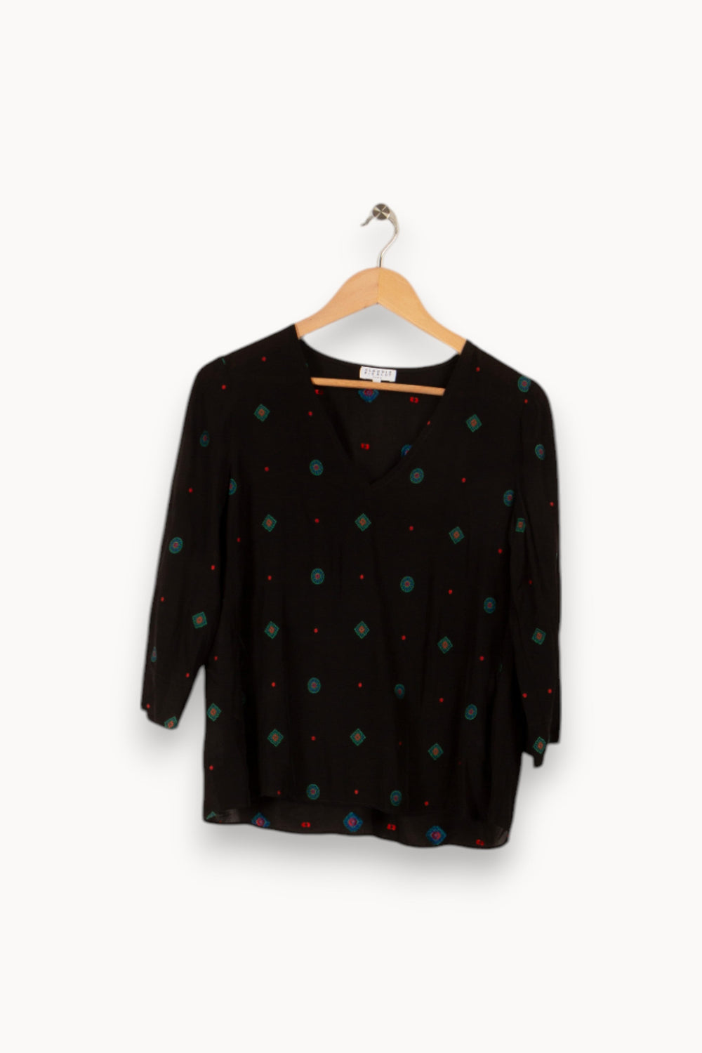 Blouse noire avec motifs orange, bleu et vert - Taille S/36