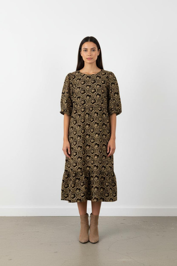Robe longue noire et jaune à motifs - Taille S/36