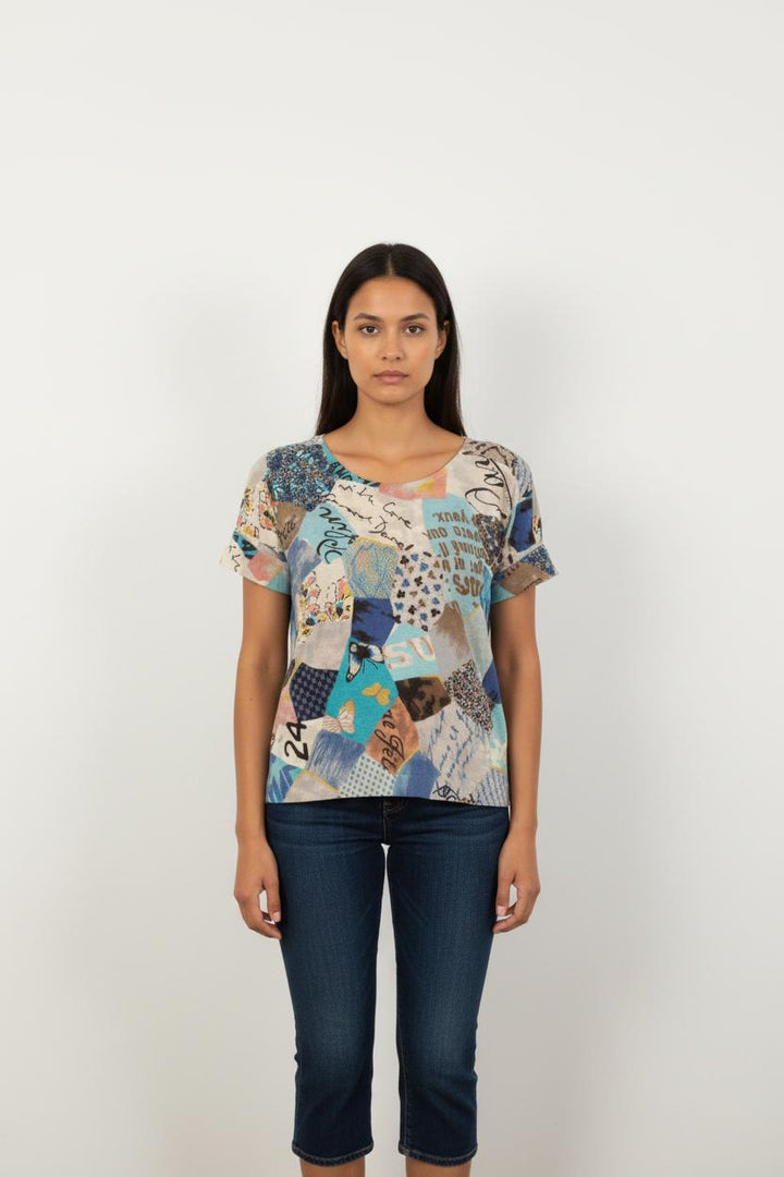 T-shirt Bleu et Beige - Taille L/40