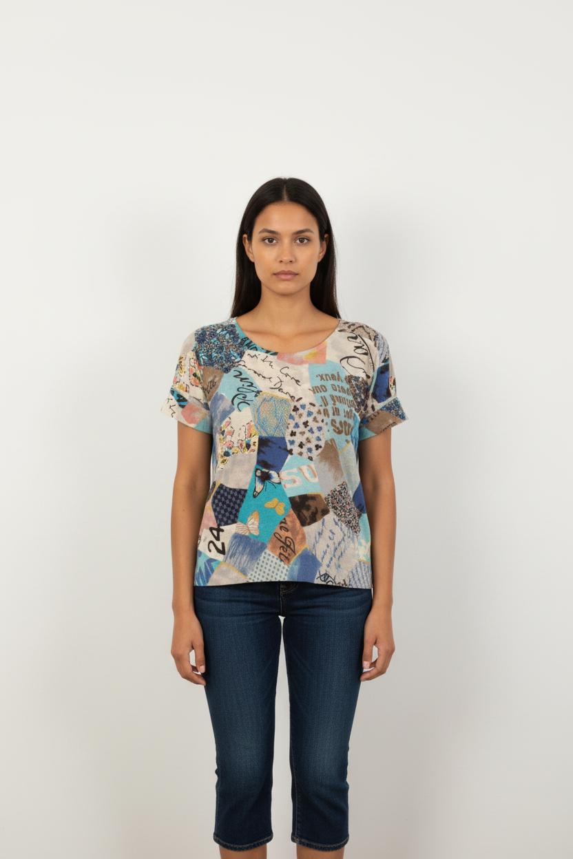 T-shirt Bleu et Beige - Taille L/40