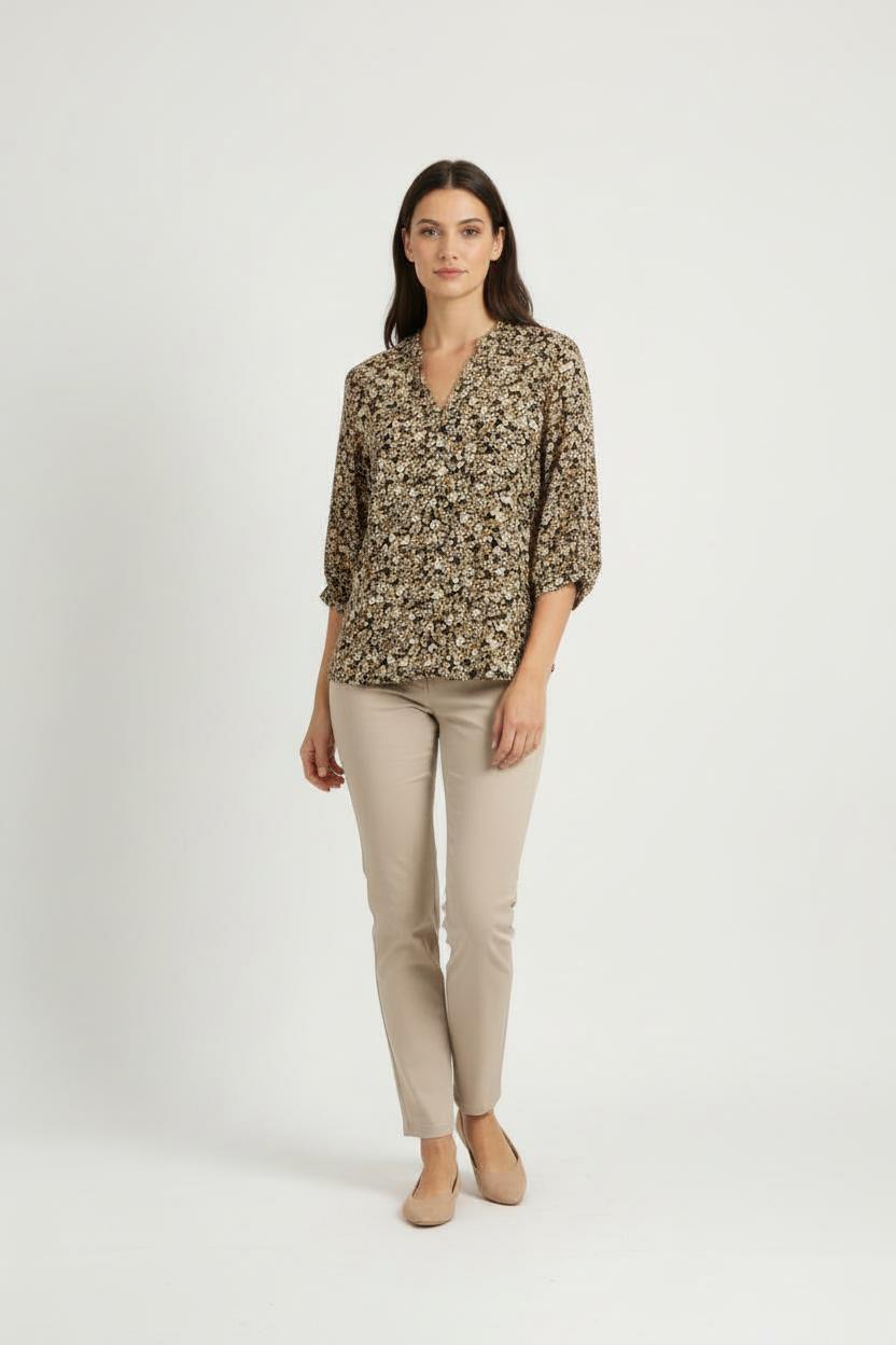 Blouse Fleurie Noire et Beige - Taille XL/42