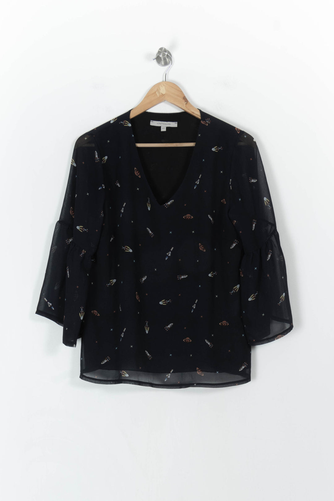 Blouse bleue foncée à motifs - Taille L/40 de la marque La Fée Maraboutée | PARAD42796 - Vendu par Paradigme - Image 2