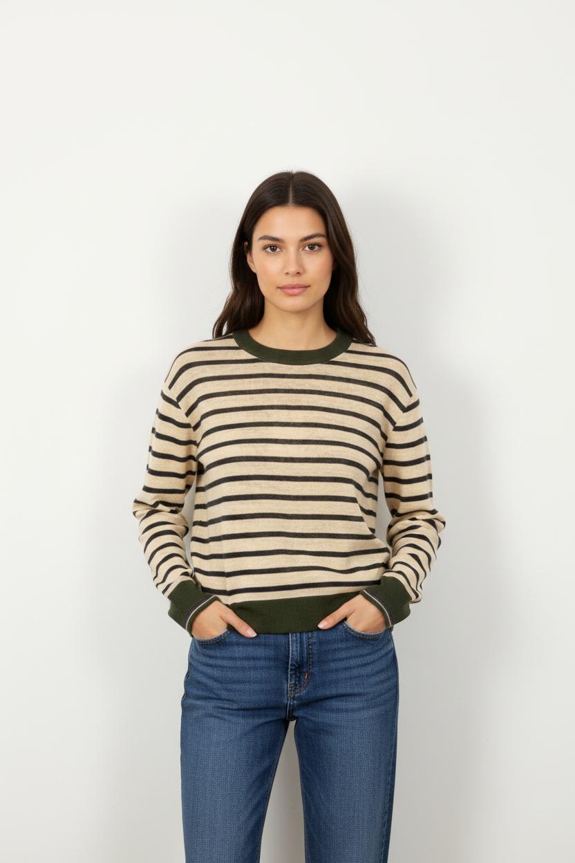 Pull Rayé Beige et Vert - Taille L/40