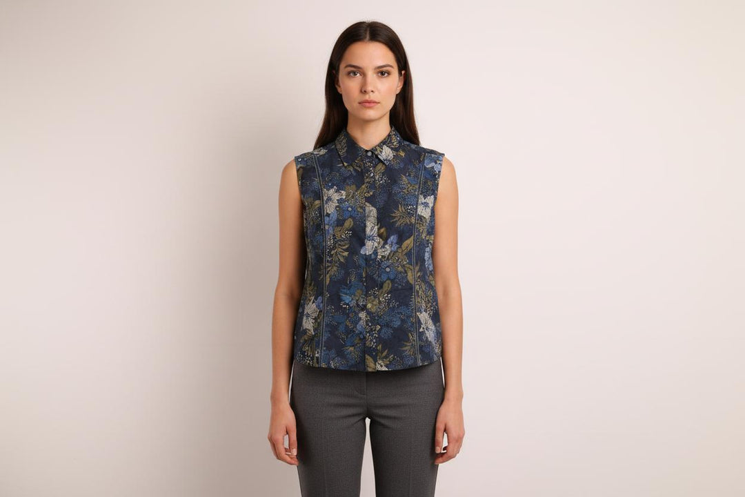Blouse Sans Manches Bleu et Kaki - Taille L/40