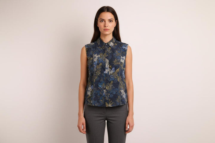 Blouse Sans Manches Bleu et Kaki - Taille L/40