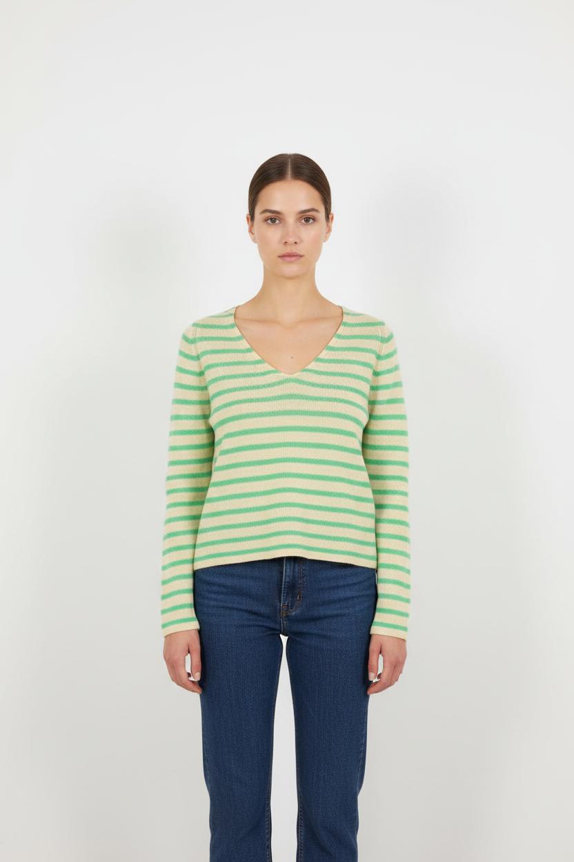 Pull Rayé Vert et Beige - Taille M/38