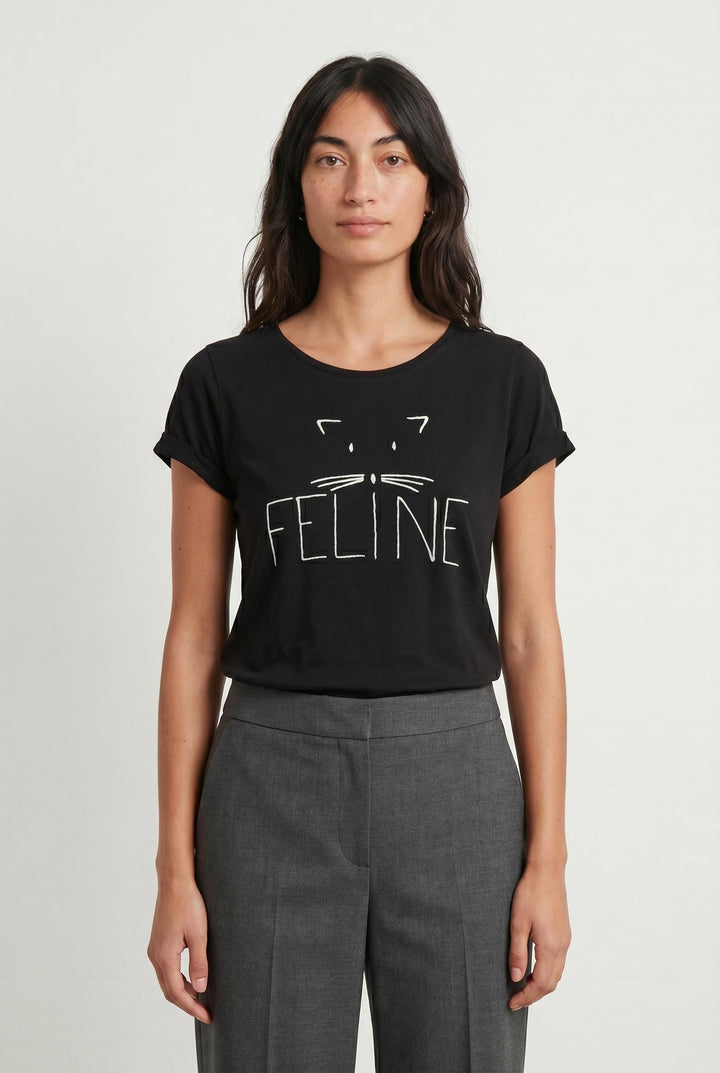 T-shirt noir "Féline" - Taille S/36 de la marque La Fée Maraboutée | PARAD44527 - Vendu par Paradigme - Image 1