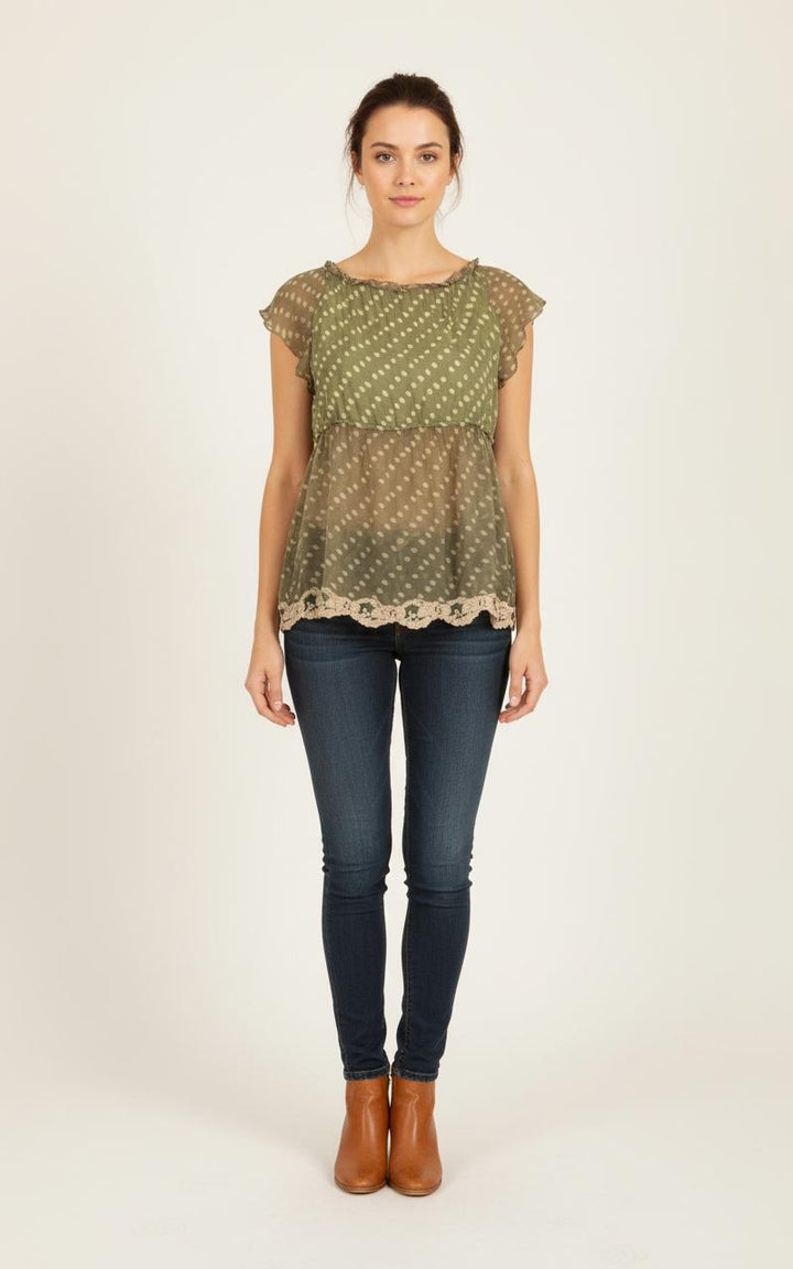 Blouse Verte et Beige - Taille M/38