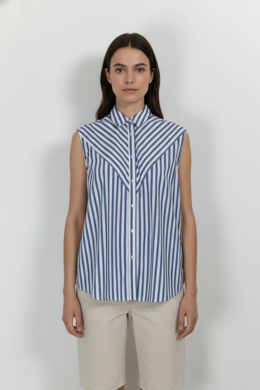Chemise Sans Manches Bleu et Blanc - Taille L/40 de la marque Galeries Lafayette | PARAD44970 - Vendu par Paradigme - Image 1