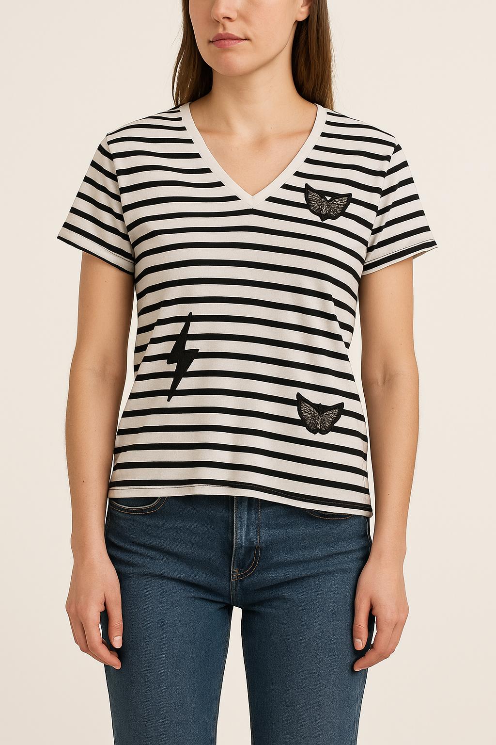 T-shirt blanc et noir rayé - Taille XS/34 de la marque IKKS | PARAD45226 - Vendu par Paradigme - Image 1