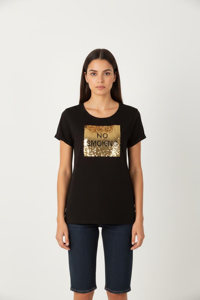 T-shirt noir avec sequins dorés - Taille M/38