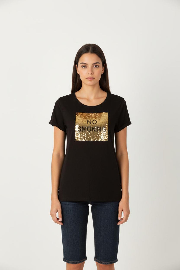 T-shirt noir avec sequins dorés - Taille M/38