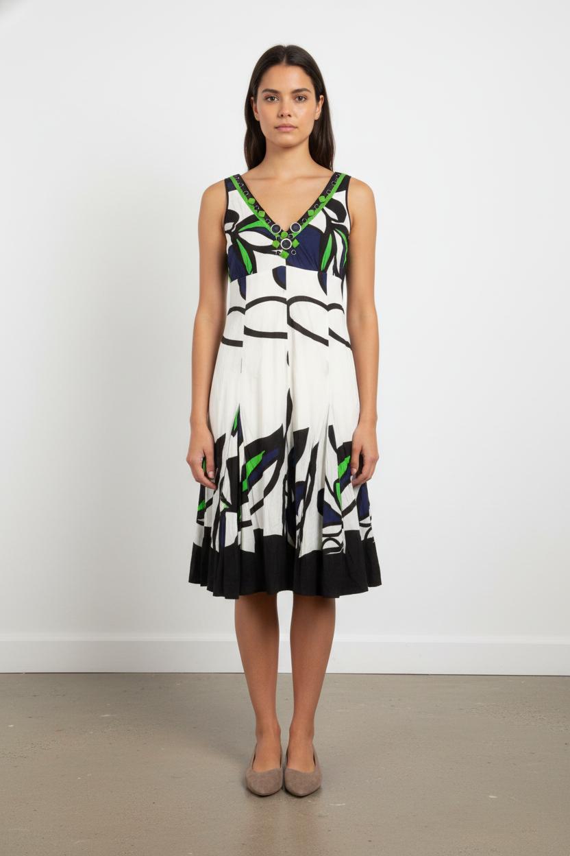 Robe Midi Blanche Noire et Verte - Taille S/36