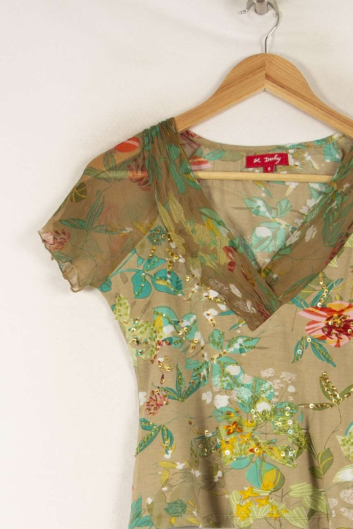 Top Fleuri Vert et Beige - Taille S/36 de la marque Derhy | PARAD48557 - Vendu par Paradigme - Image 3