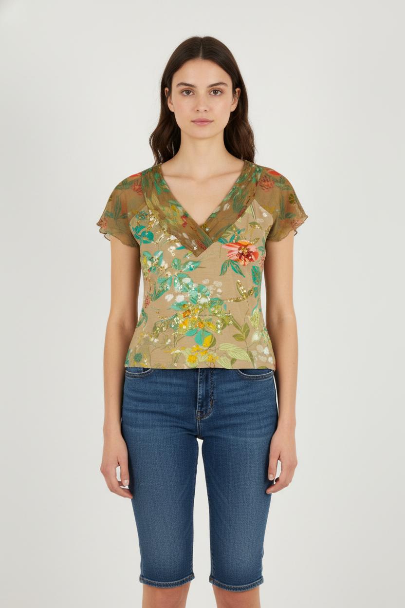 Top Fleuri Vert et Beige - Taille S/36