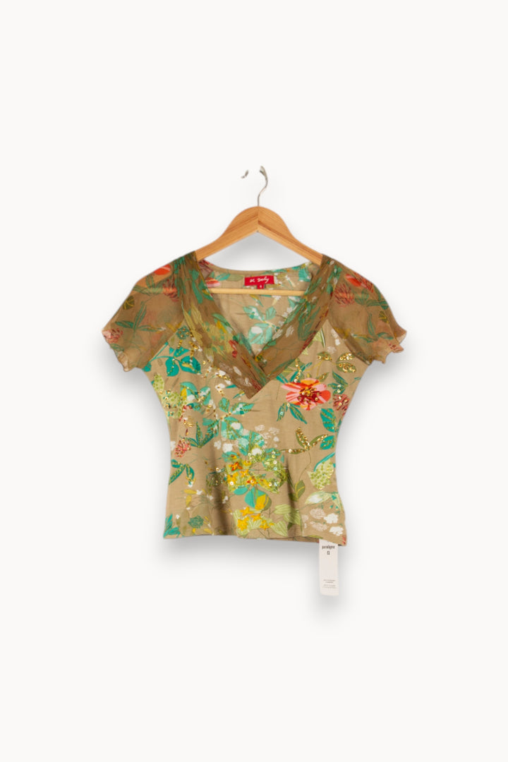 Top Fleuri Vert et Beige - Taille S/36 de la marque Derhy | PARAD48557 - Vendu par Paradigme - Image 2