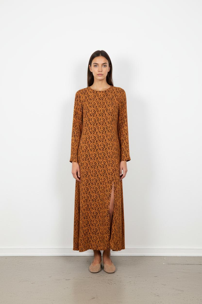 Robe Longue Marron à Motifs Noirs - Taille M/38