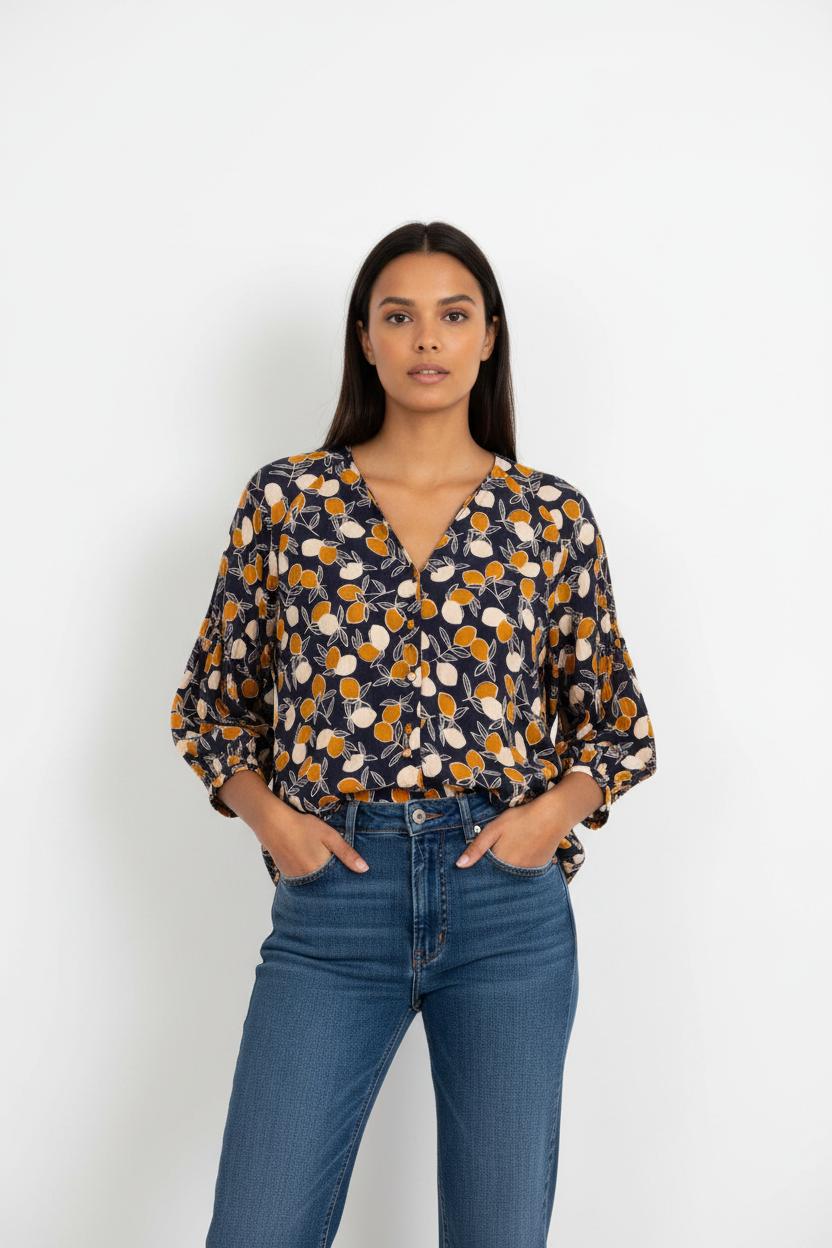 Blouse Bleue et Orange - Taille S/36