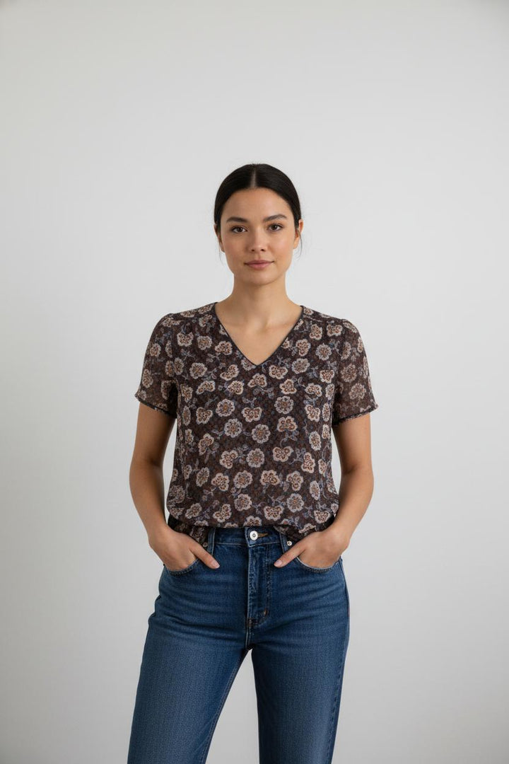 Blouse Bleue et Marron - Taille XS/34
