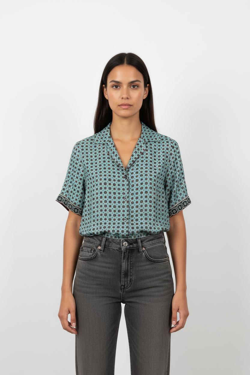 Chemise Manches Courtes Bleue et Marron - Taille XS/34