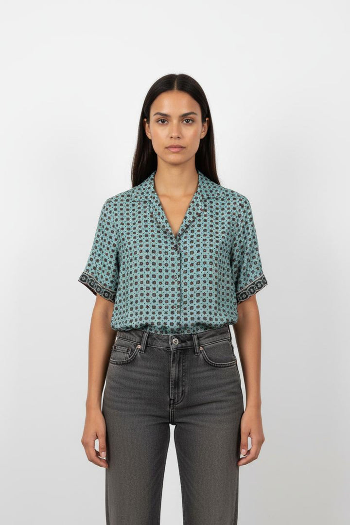 Chemise Manches Courtes Bleue et Marron - Taille XS/34