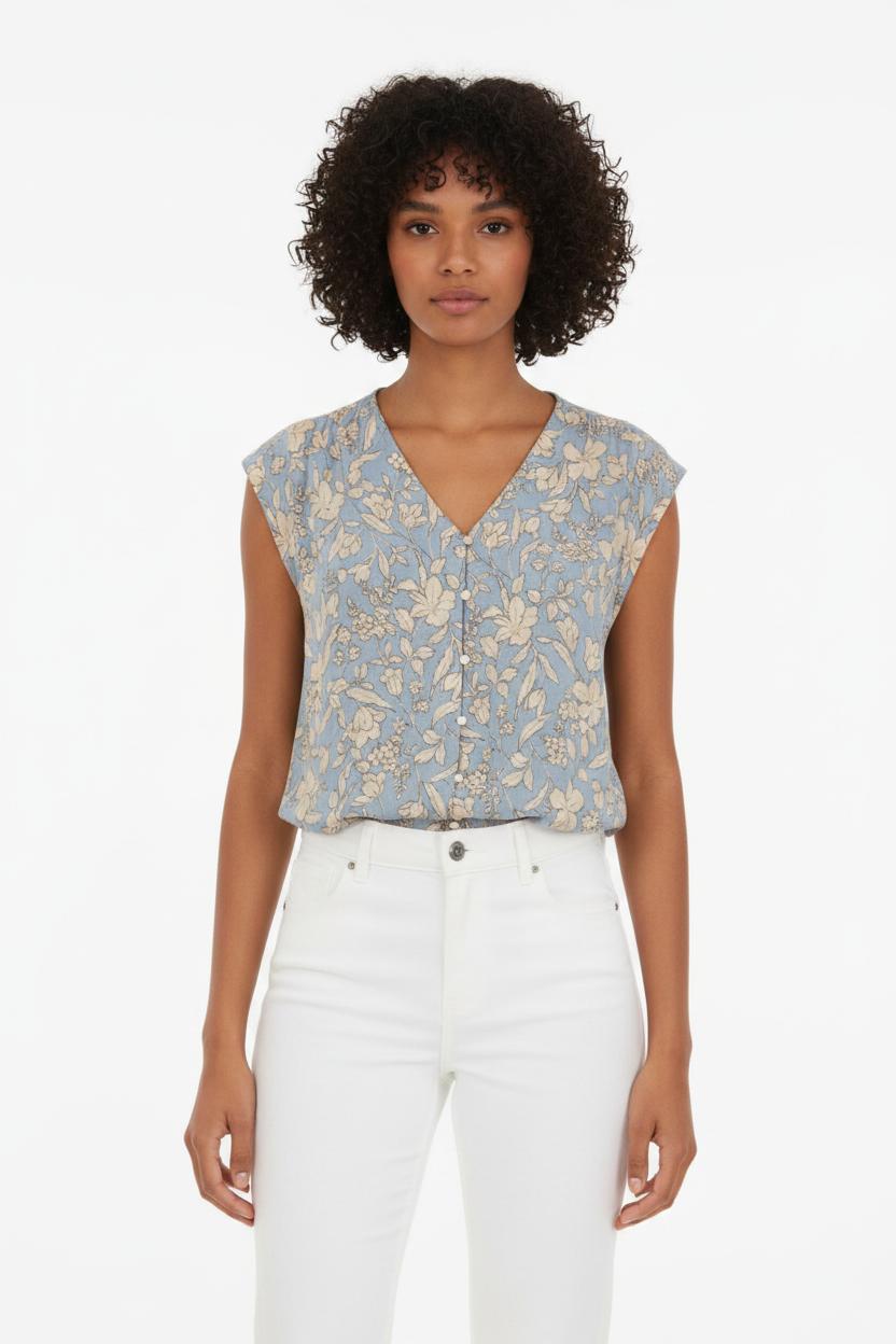 Blouse Bleu et Beige - Taille M/38