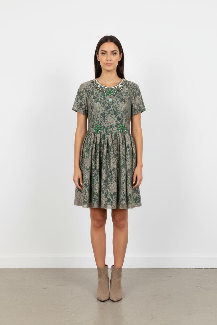 Robe Courte Verte et Beige - Taille M/38