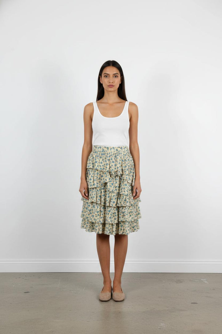 Jupe Volantée Écrue à Fleurs Bleues - Taille S/36