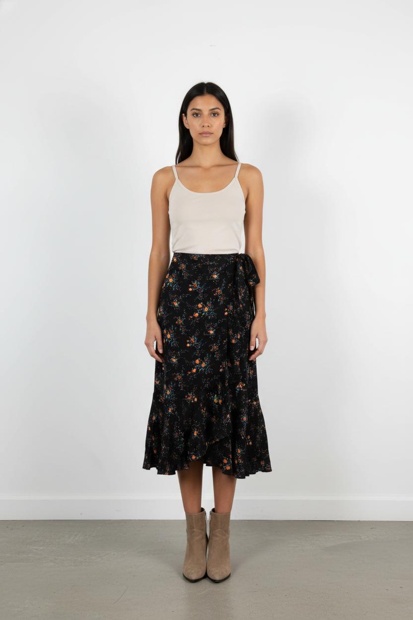 Jupe Mi-Longue Noire à Fleurs - Taille S/36