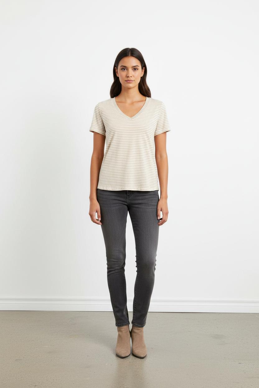 Tee-shirt À Rayures Beige et Blanc - Taille L/40
