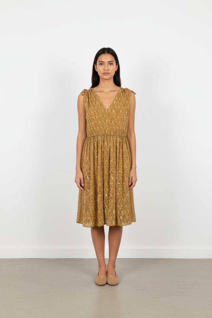 Robe Midi Moutarde et Blanche - Taille L/40