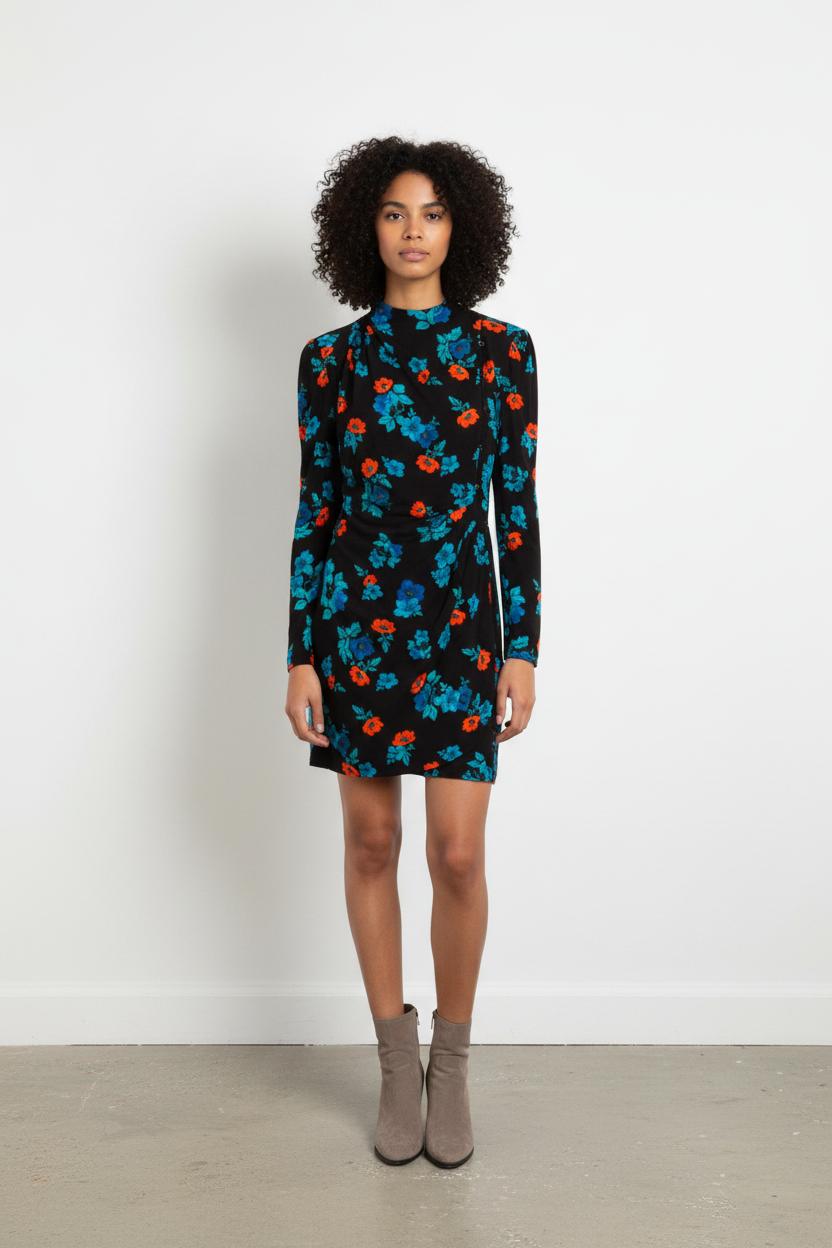 Robe Courte Noire à Fleurs Bleues et Rouges - Taille M/38