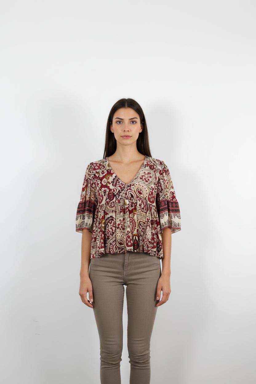 Blouse Bordeaux et Écru - Taille XS/34