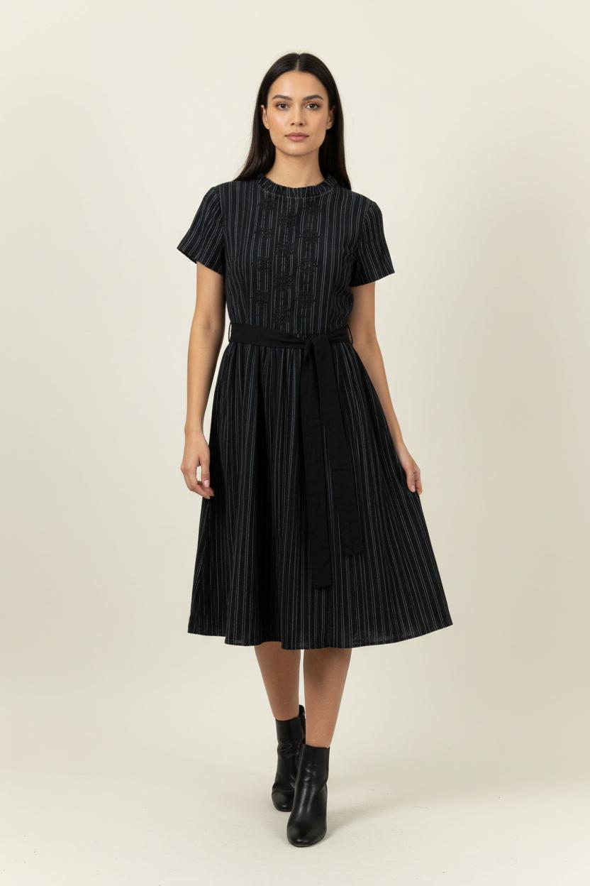 Robe Mi-longue Noire à Rayures - Taille M/38 de la marque Tara Jarmon | PARAD52344 - Vendu par Paradigme - Image 1