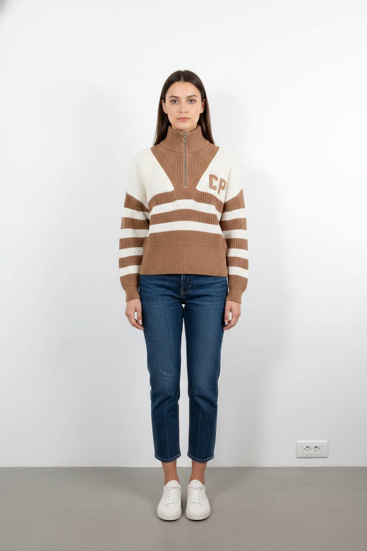Pull Zippé Marron et Blanc - Taille L/40