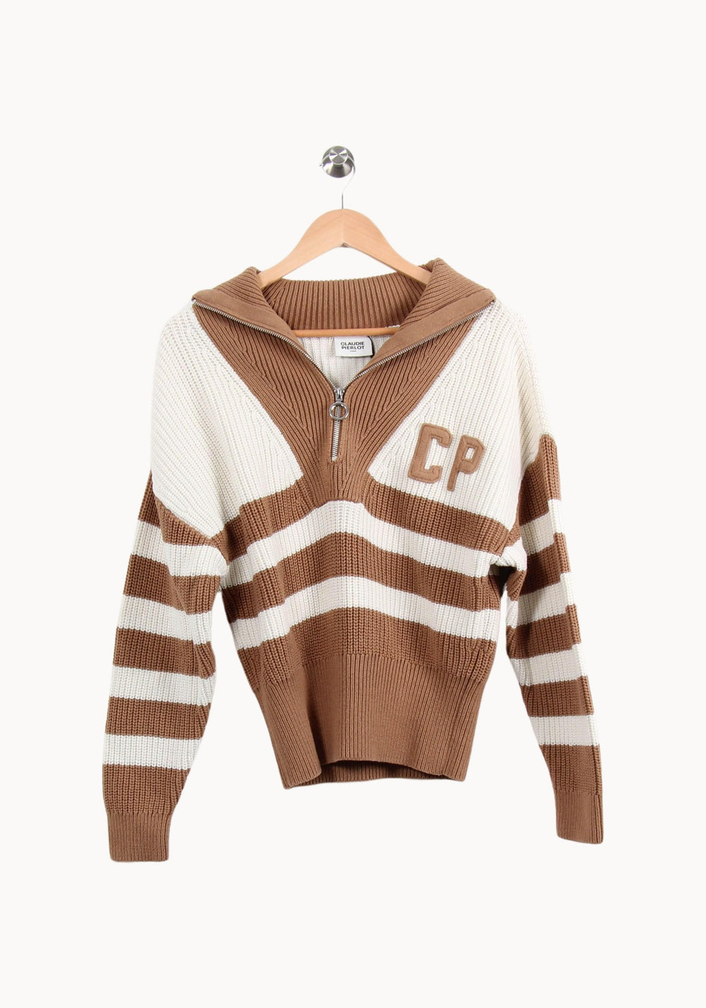 Pull Zippé Marron et Blanc - Taille L/40 de la marque Claudie Pierlot | PARAD52604 - Vendu par Paradigme - Image 2