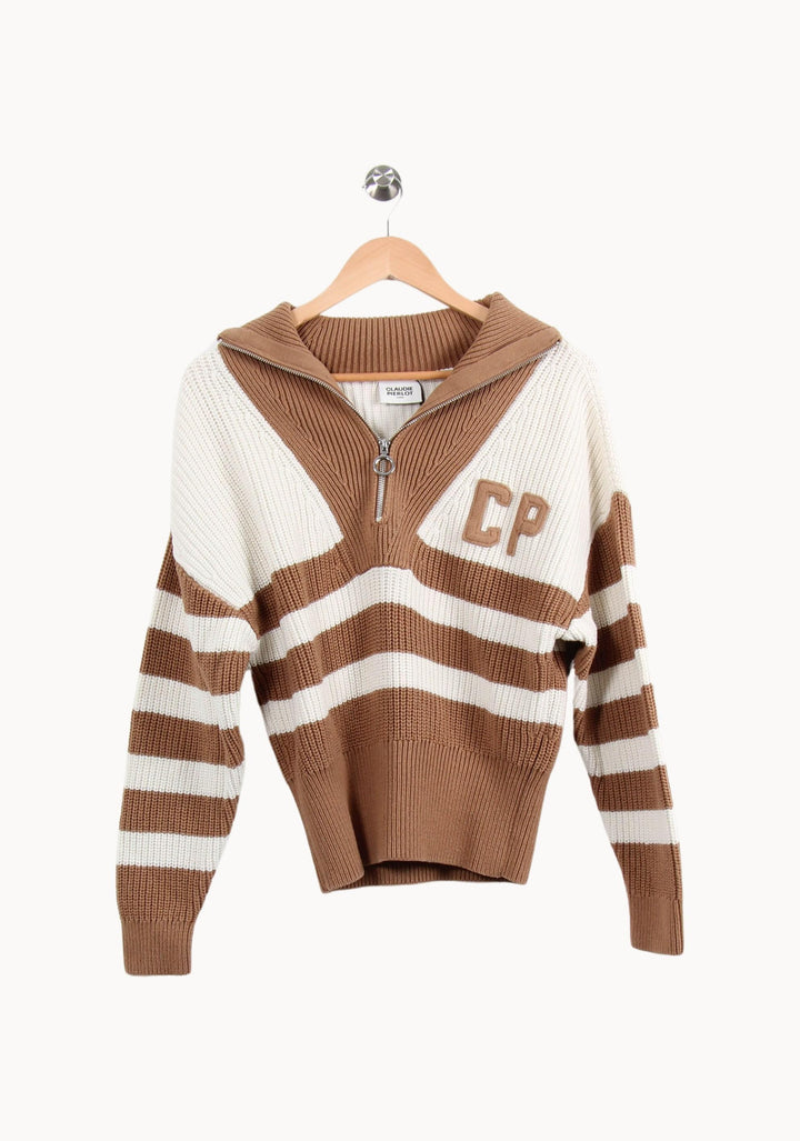 Pull Zippé Marron et Blanc - Taille L/40 de la marque Claudie Pierlot | PARAD52604 - Vendu par Paradigme - Image 2