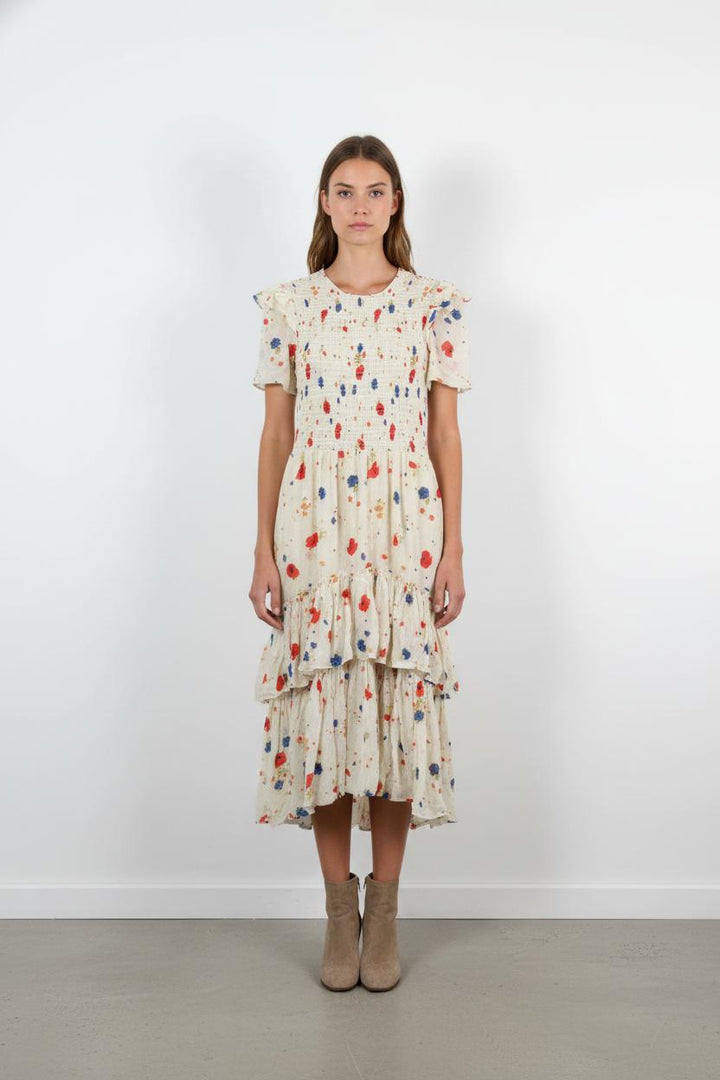 Robe Midi Écrue à Fleurs Rouges et Bleues - Taille S/36