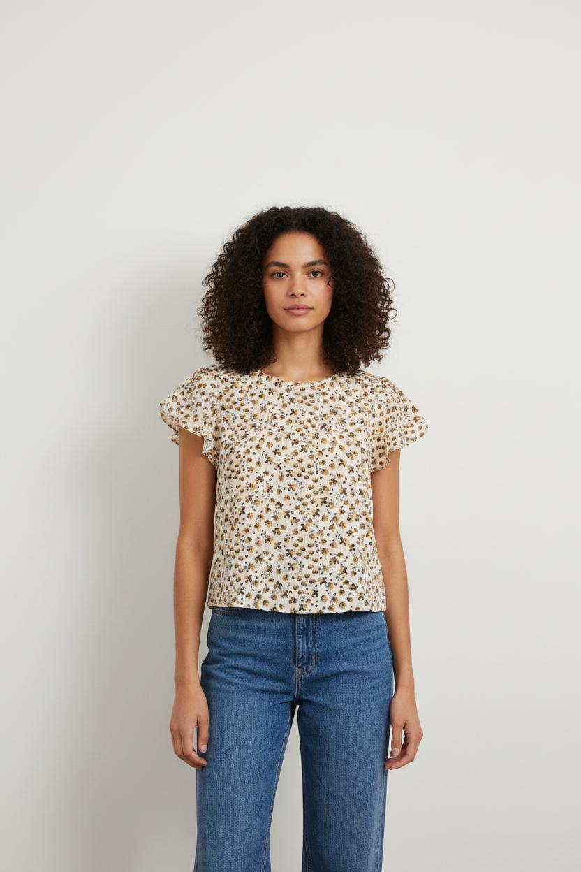 Blouse Fleurie Écrue et Marron - Taille XS/34