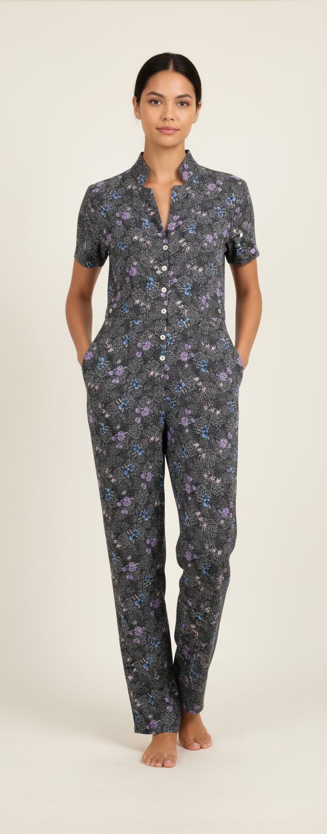 Combinaison Noire à Fleurs Violettes et Bleues - Taille S/36
