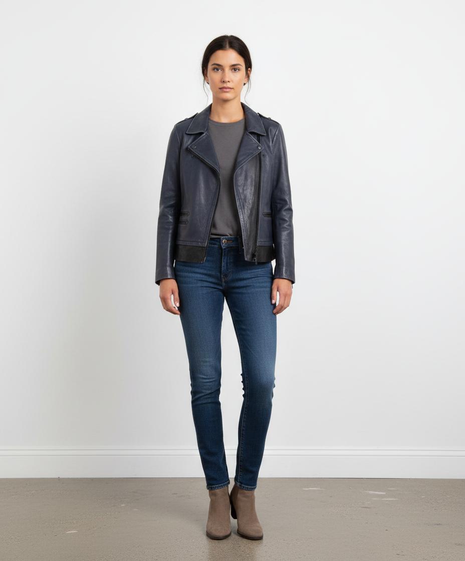 Blouson en cuir Bleu et Noir - Taille M/38