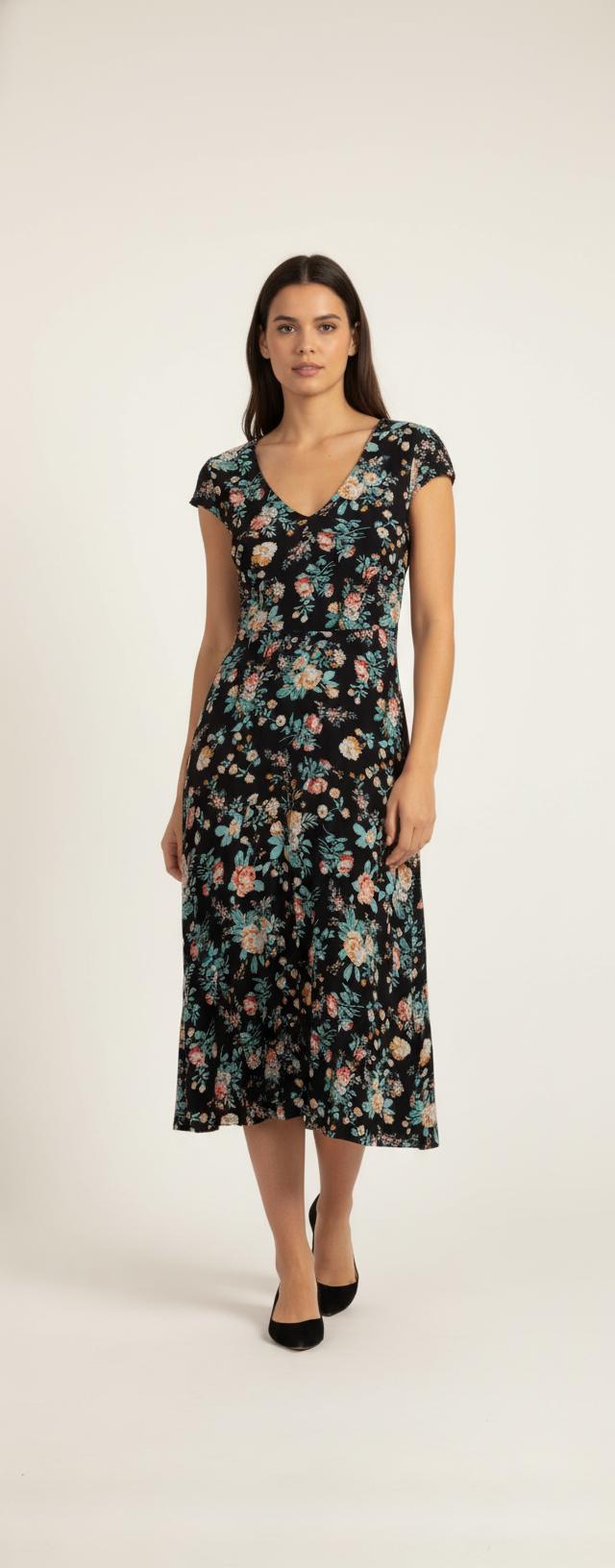 Robe Longue Noire et Fleurie - Taille S/36