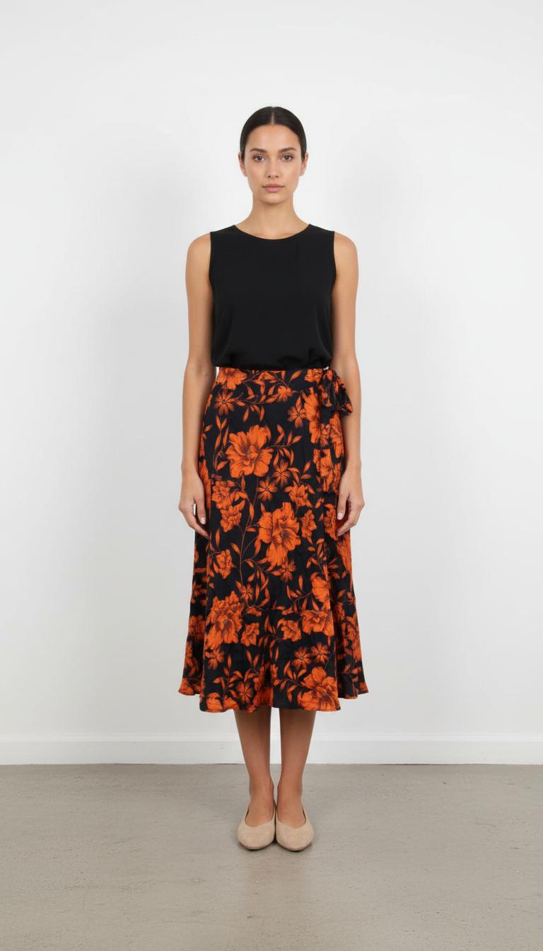 Jupe Midi Noire et Orange - Taille XS/34