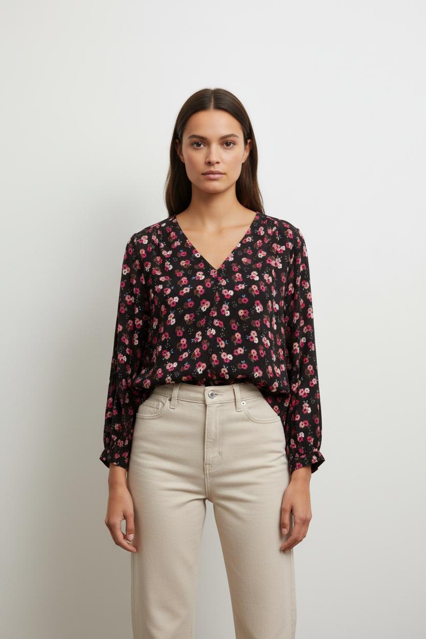 Blouse Noire et Fleurie - Taille M/38