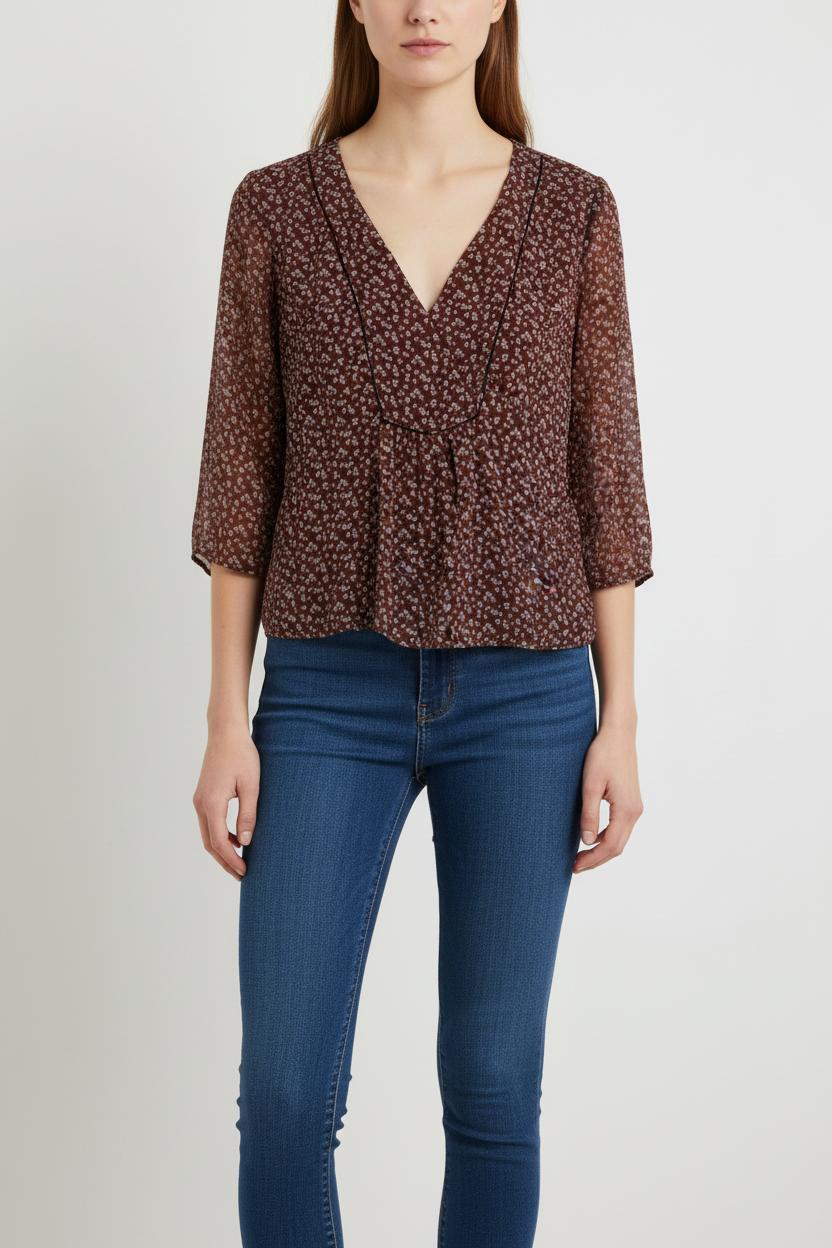 Blouse Marron à Motifs Blancs - Taille L/40