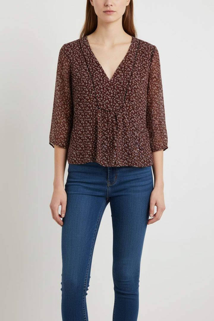 Blouse Marron à Motifs Blancs - Taille L/40