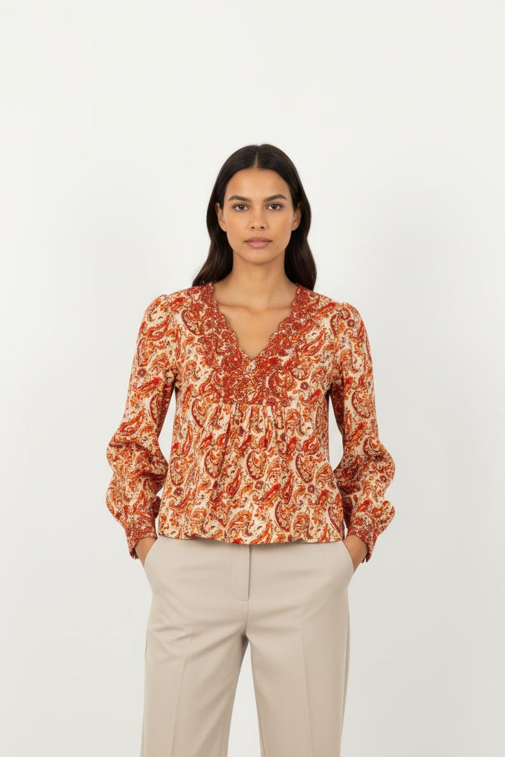 Blouse Imprimée Bordeaux et Écru - Taille M/38